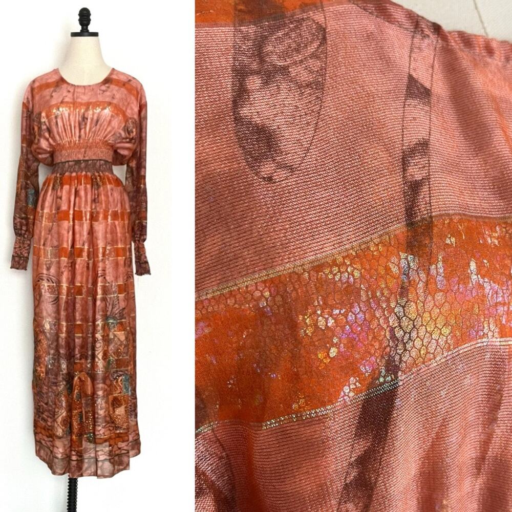 Vintage Sparkly Orange Dress Chiffon Stripes Gold Silver Metallic One of A Kind